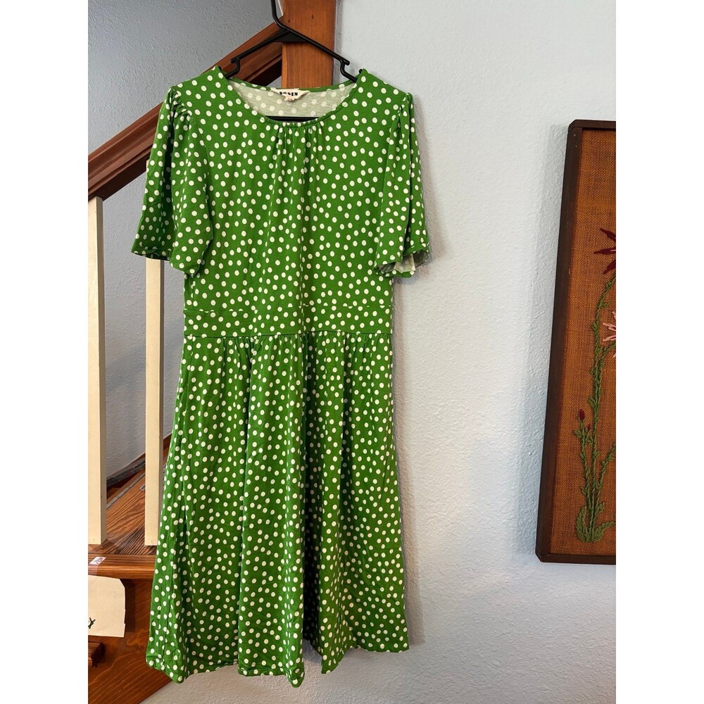 Boden 10L tall Louisa  Jersey Green White Polka Dot Short Sleeve Dress